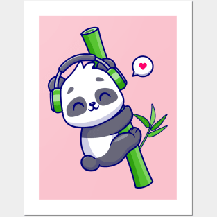 Cute Panda Hug Bamboo With Headphone Cartoon Posters and Art